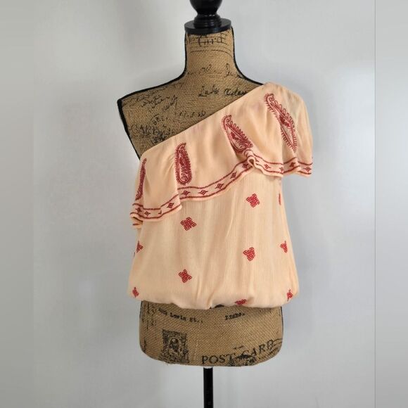 Free People Easy On The Eyes One Shoulder Embroidered Rayon Blouse Sz XS - Picture 11 of 11